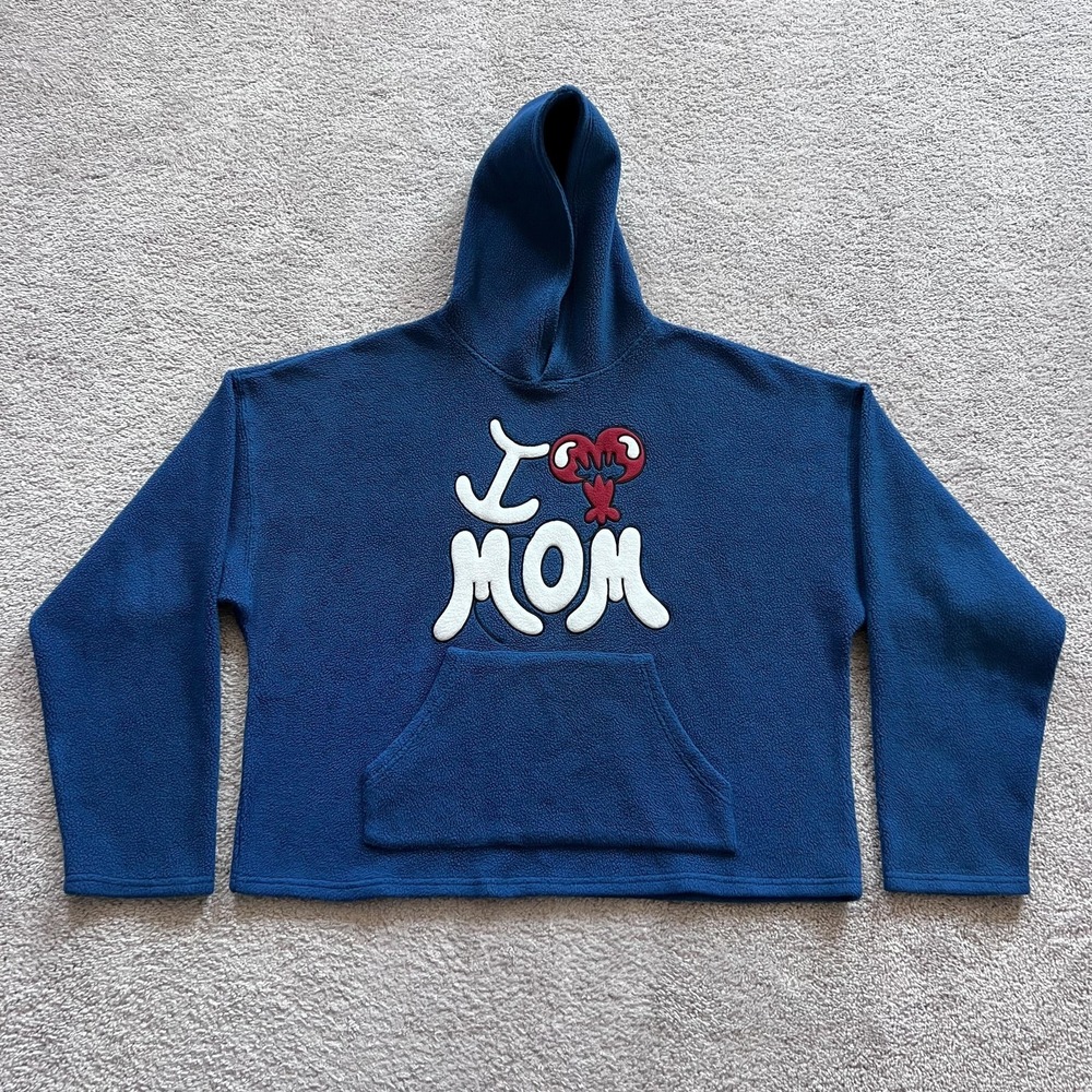 WNTD Apparel I Love Mom Hoodie Mens Large Blue Fleece Pullover Embroidered